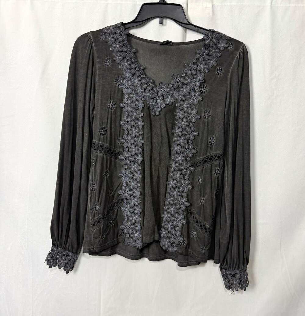 POL Clothing Black Cotton Crochet Top Long Sleeve Women’s Sz S